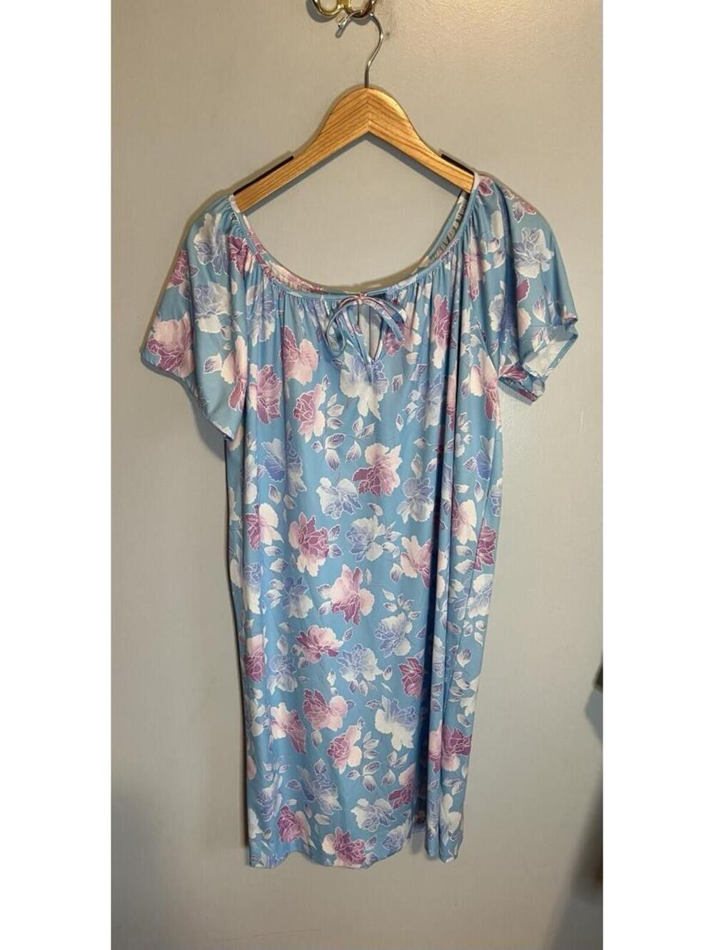 Vintage Medium House Dress Blue Floral Muumuu Nightgown Bow M